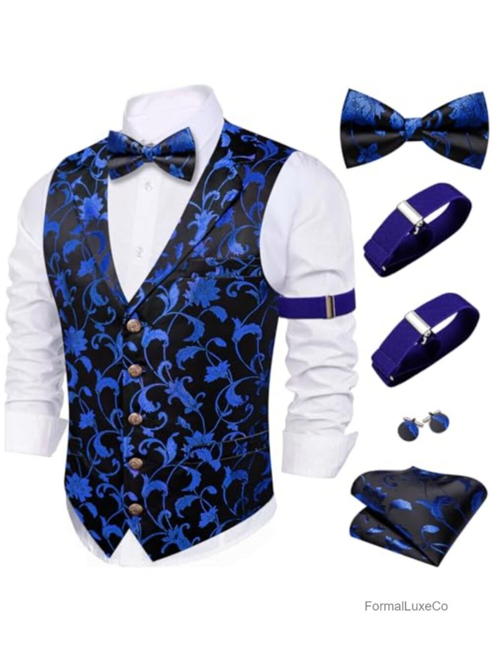 Men's Silk Blend Vest Bowtie Set Formal Wedding Waistcoat with Cufflinks